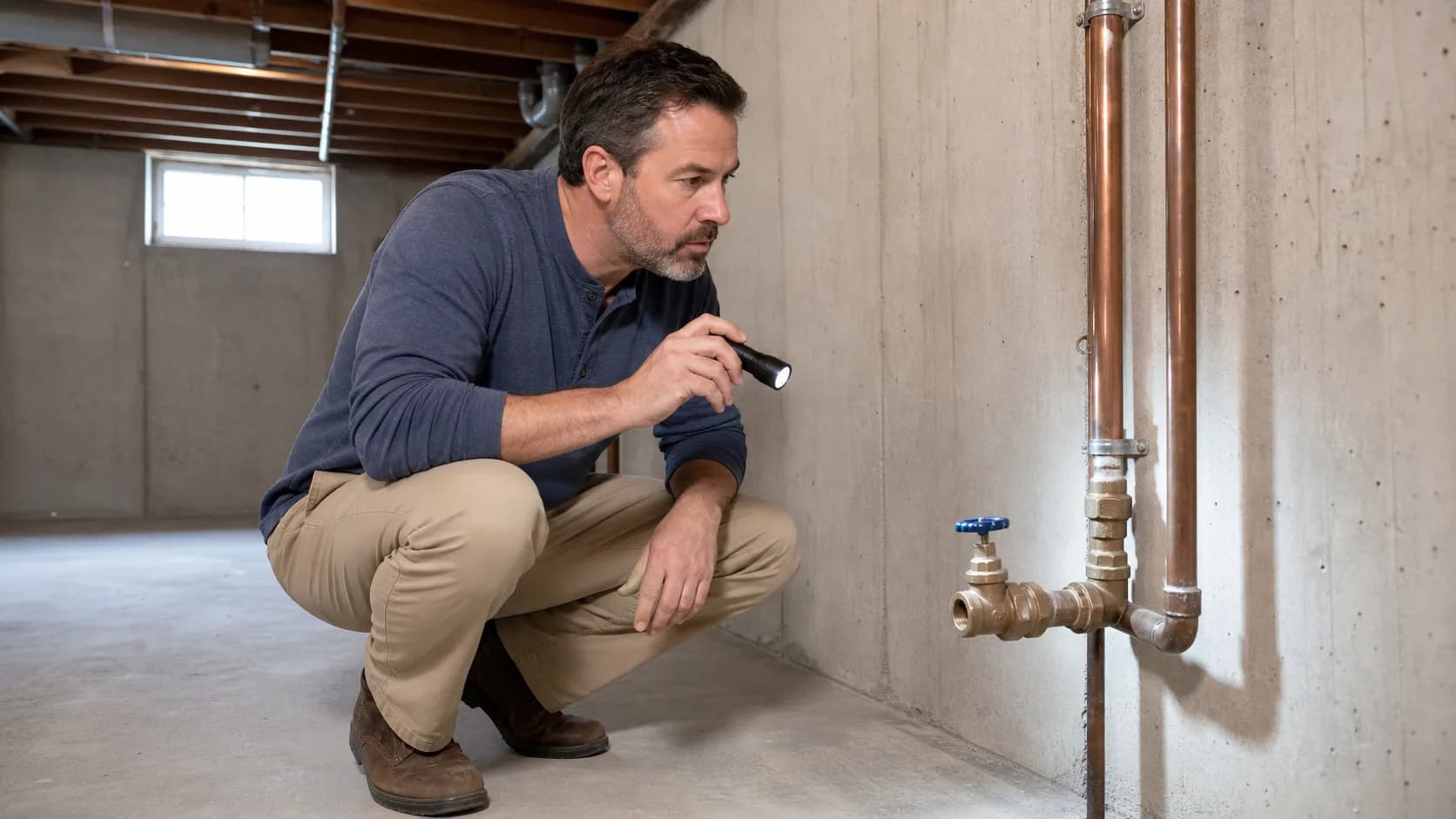 Acheteur inspectant une vanne d’eau avec une lampe dans un sous-sol