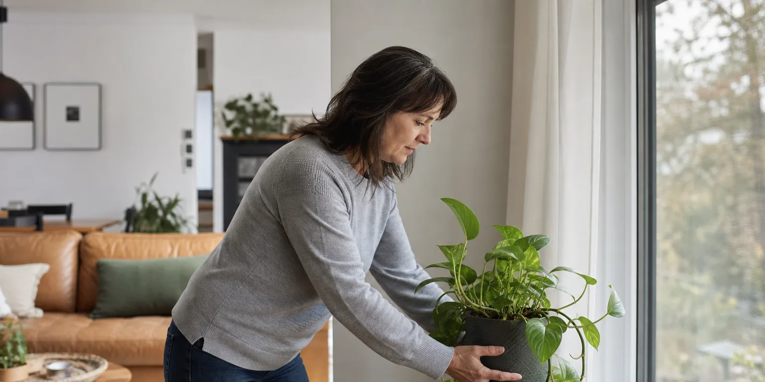 Femme déplaçant une plante près d’une grande fenêtre dans un salon