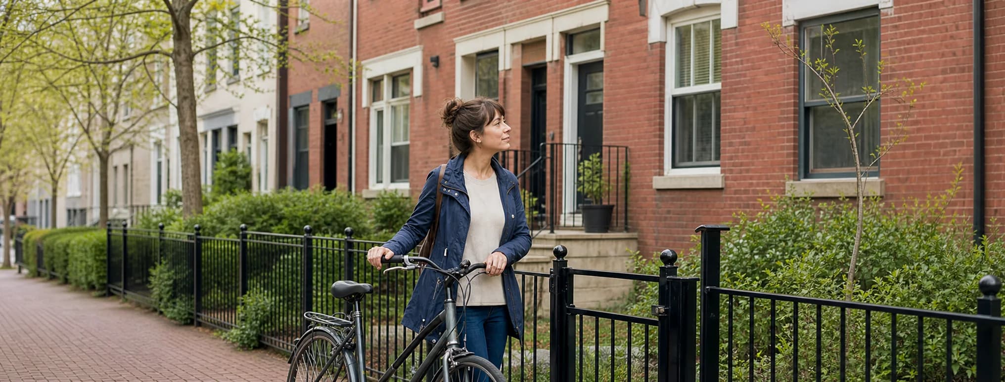 Acheteuse tenant son vélo devant des maisons en rangée dans une rue résidentielle