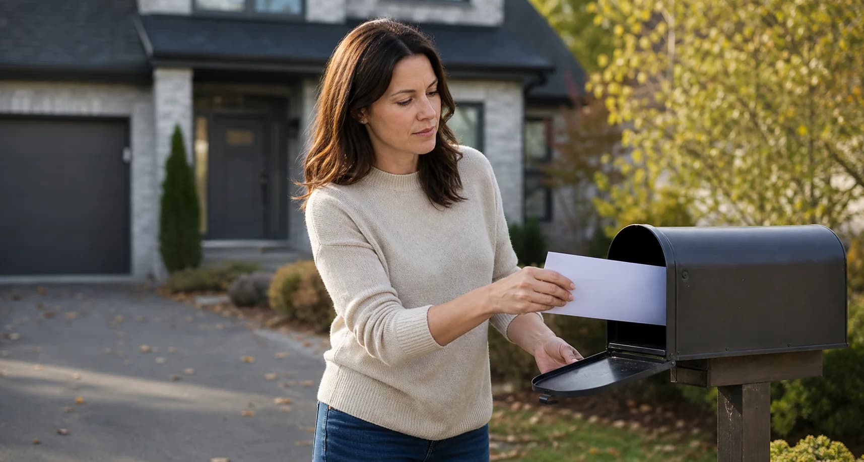 Propriétaire retirant une enveloppe de sa boîte aux lettres devant sa maison