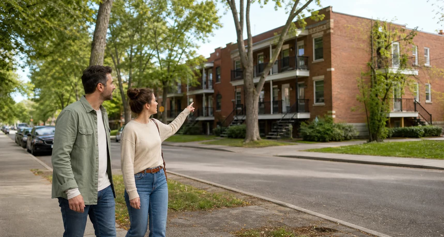 Deux futurs investisseurs observant des plex de brique depuis un trottoir résidentiel