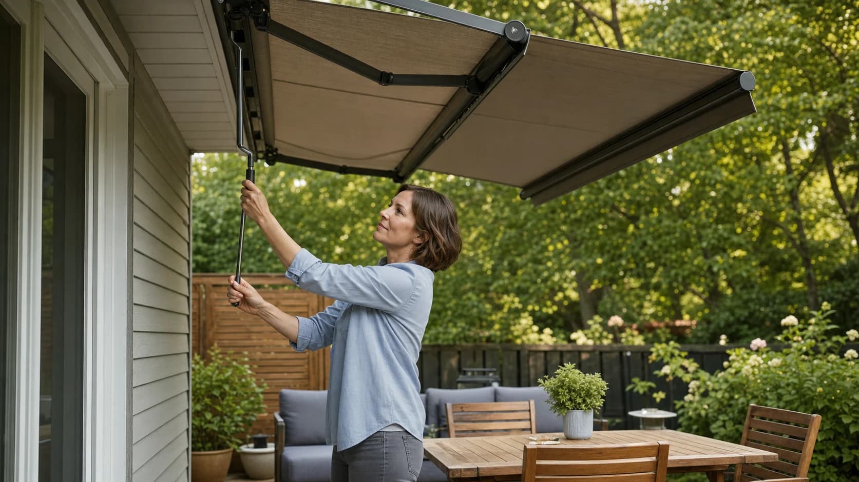 Femme ajustant la toile pare-soleil sur la terrasse arrière d’une maison