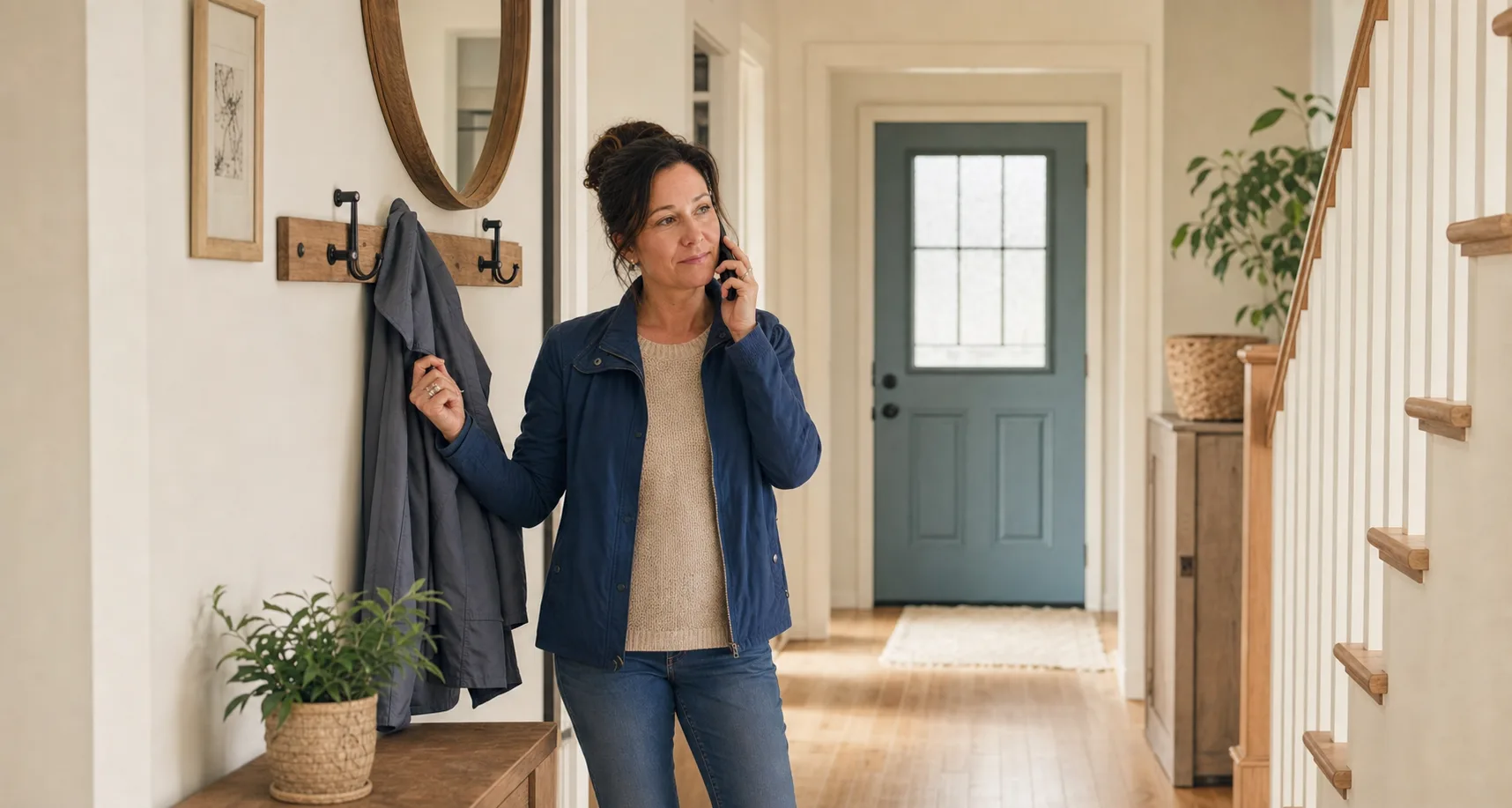 Propriétaire au téléphone dans l’entrée de sa maison
