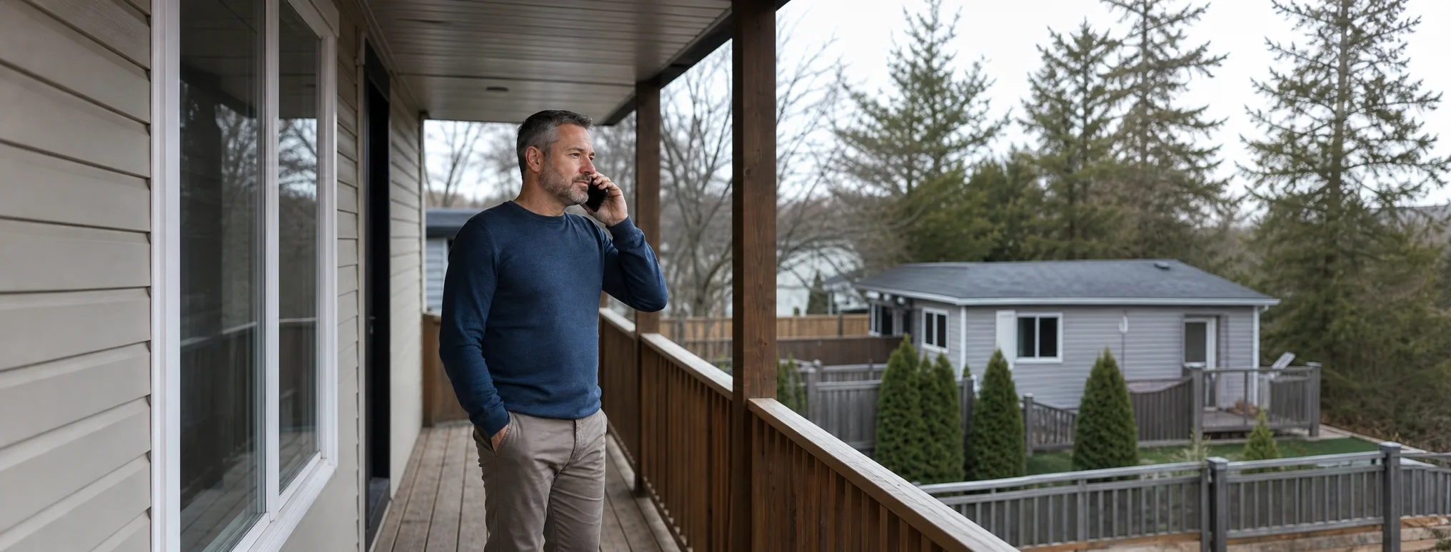 Homme discutant au téléphone sur le balcon arrière d’une maison