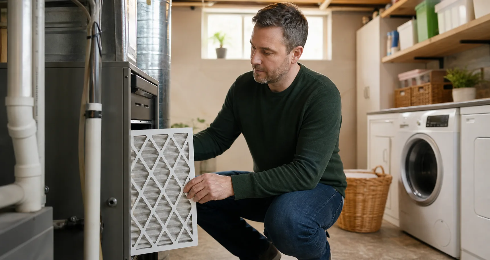 Propriétaire remplaçant un filtre de chauffage dans une pièce de service