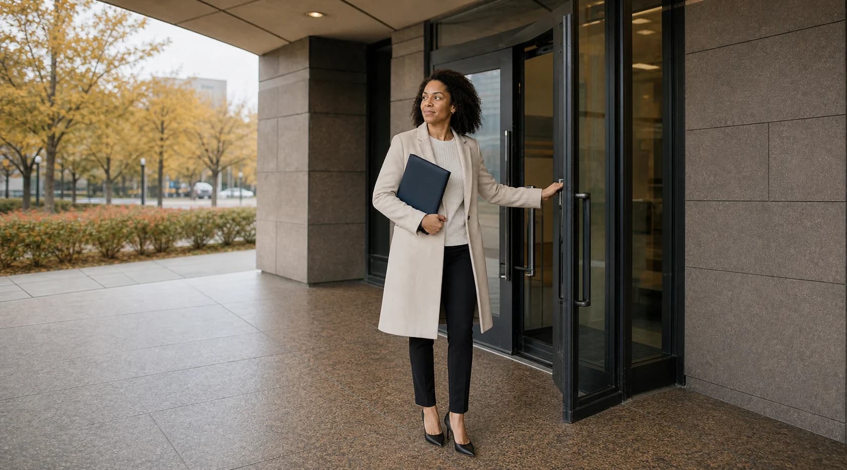 Acheteuse quittant un bureau professionnel avec un dossier fermé