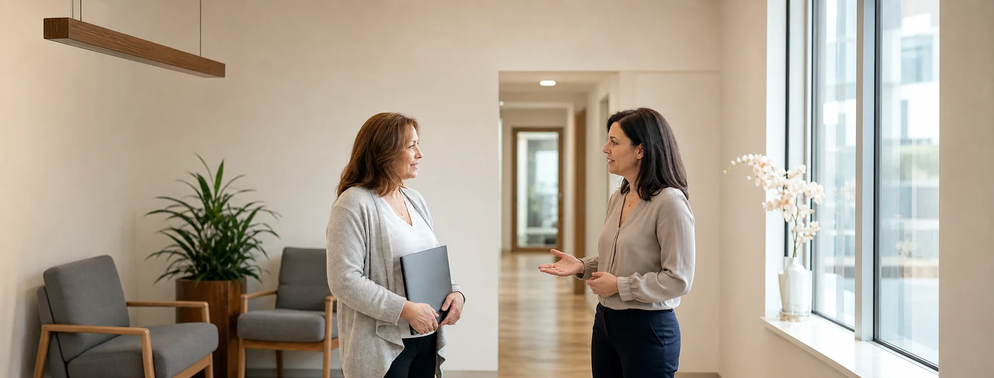 Deux femmes discutant dans un bureau, l’une tenant un dossier