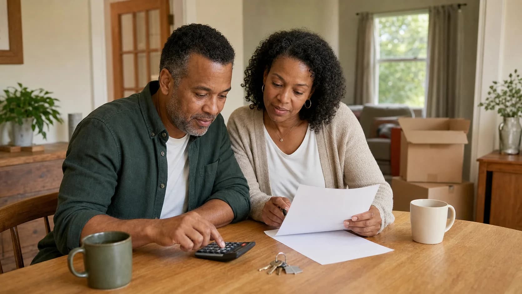 Couple examinant des documents avec une calculatrice et des clés de maison sur la table