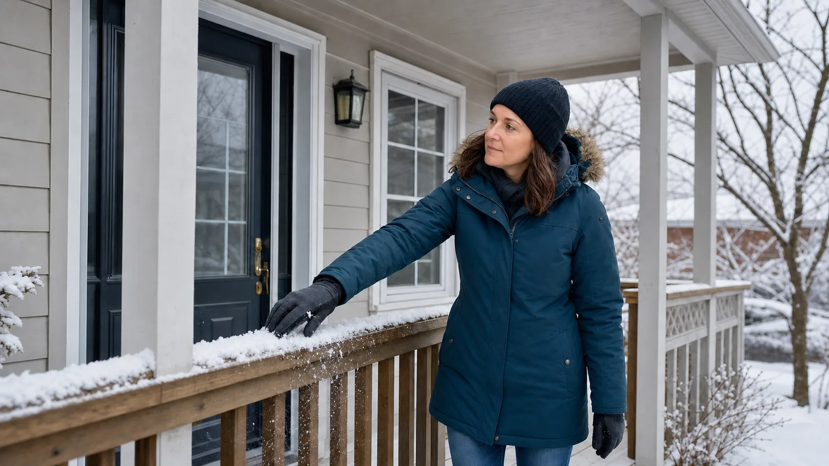 Femme en manteau d’hiver brossant la neige d’une rampe sur le perron d’une maison