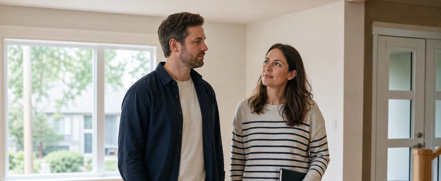 Couple échangeant un regard dans le salon vide d’une maison