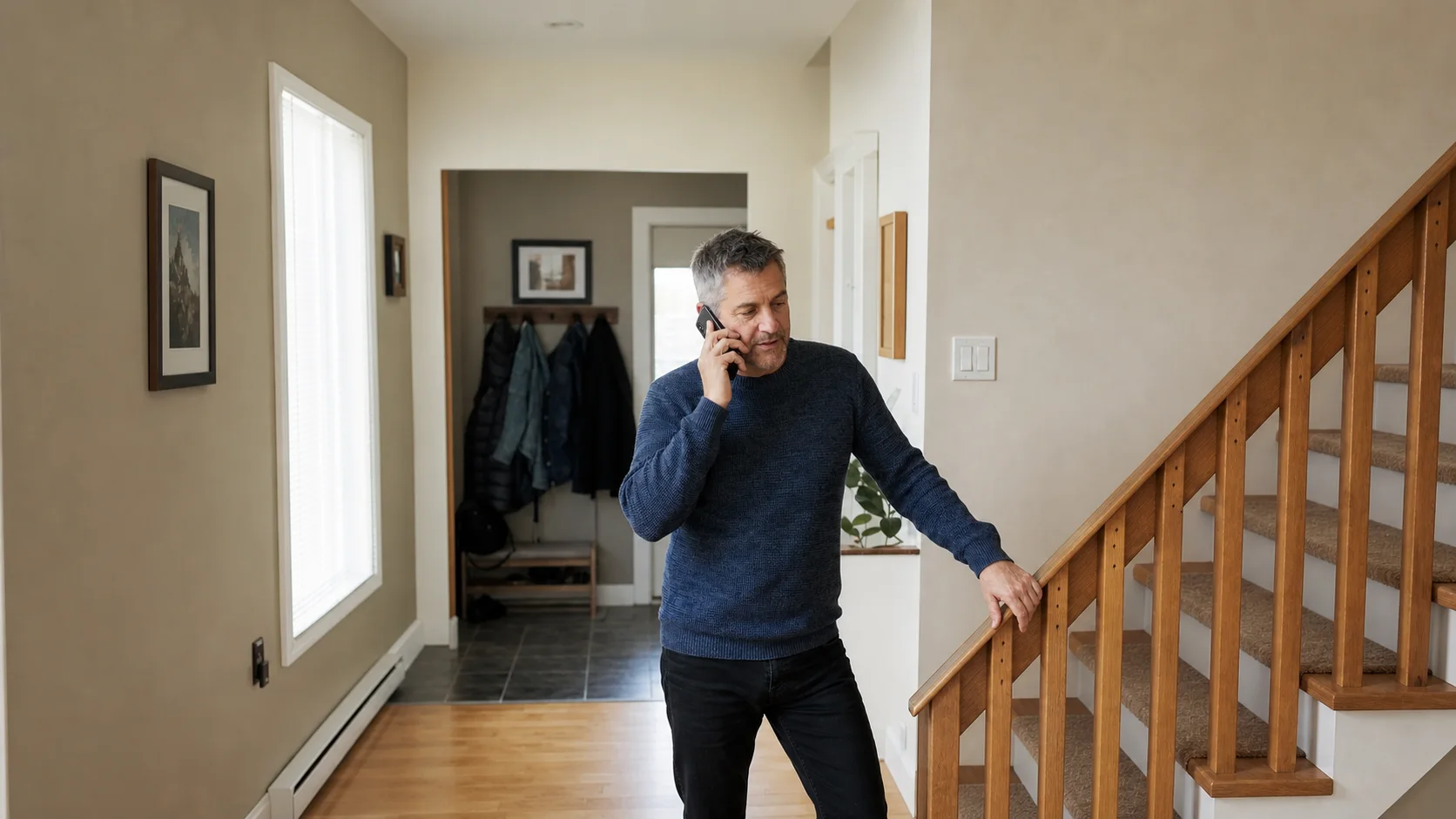 Homme dans l’entrée de sa maison pendant un appel téléphonique