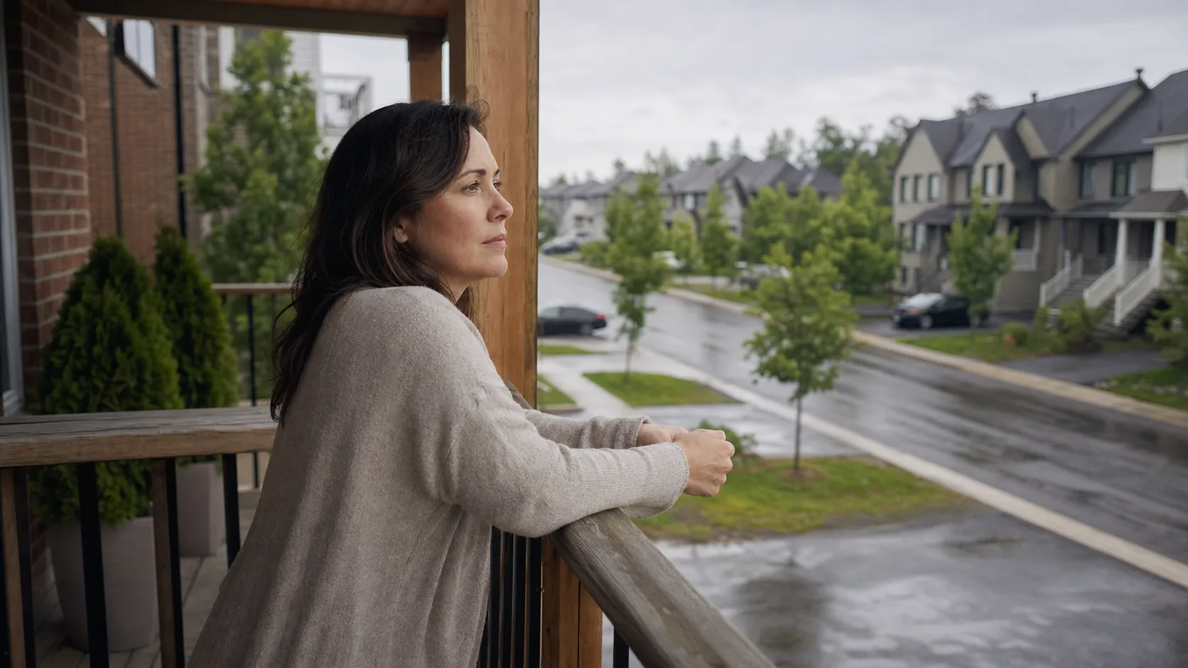 Femme accoudée à un balcon observant un quartier résidentiel après la pluie