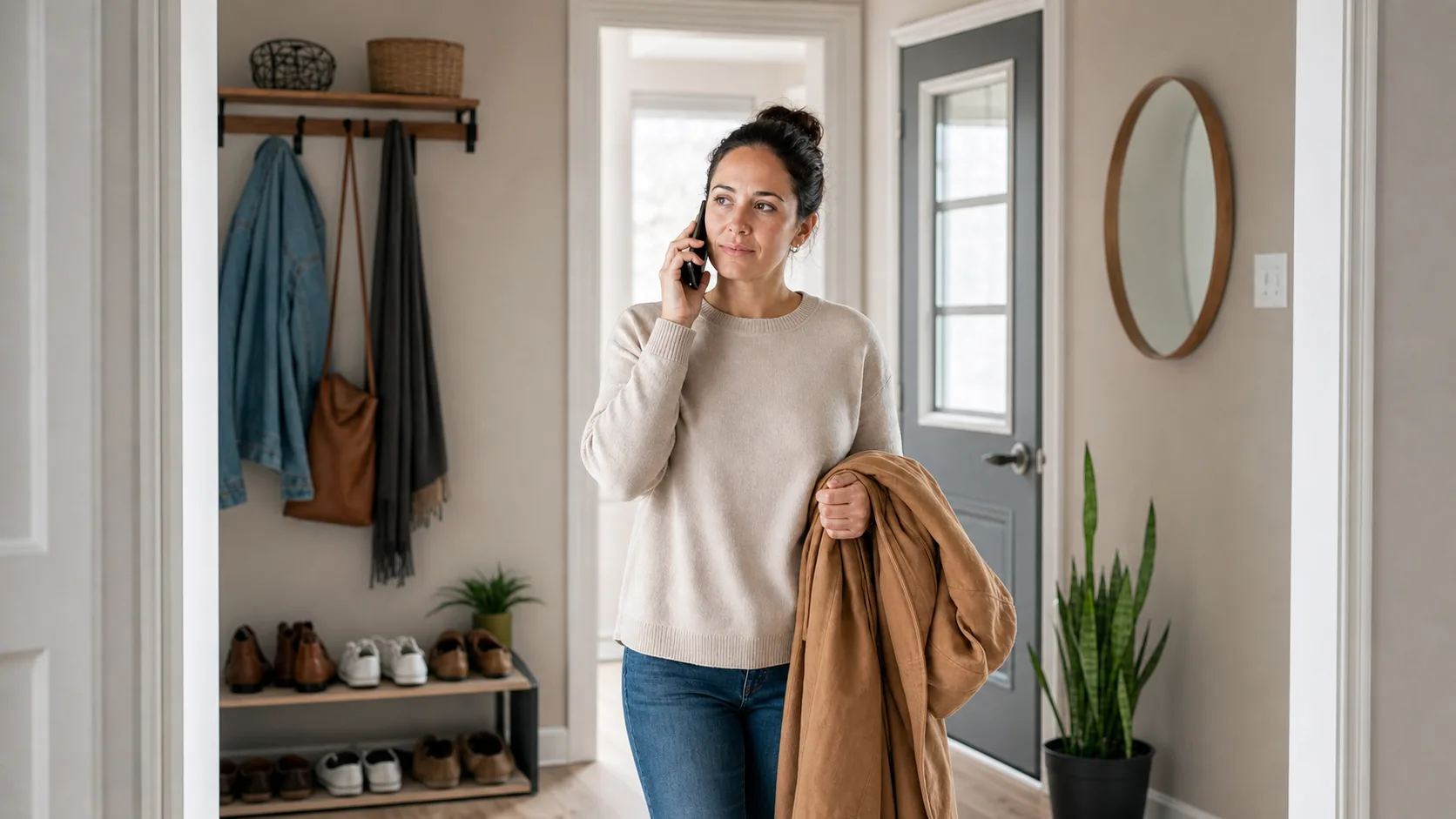 Acheteuse au téléphone, manteau à la main, dans l’entrée de son appartement