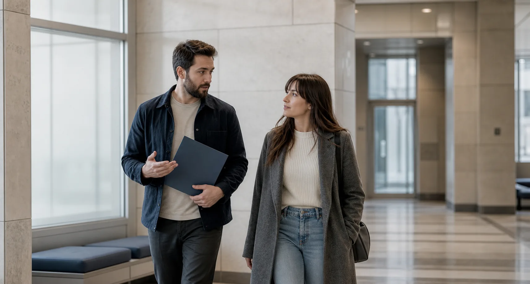 Jeune couple discutant en marchant dans un hall moderne et lumineux