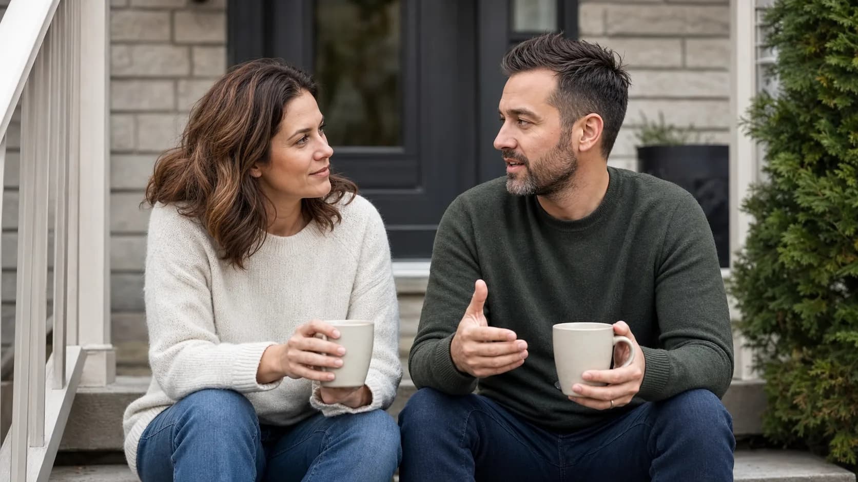 Couple assis sur le perron de sa maison discutant autour d’un café