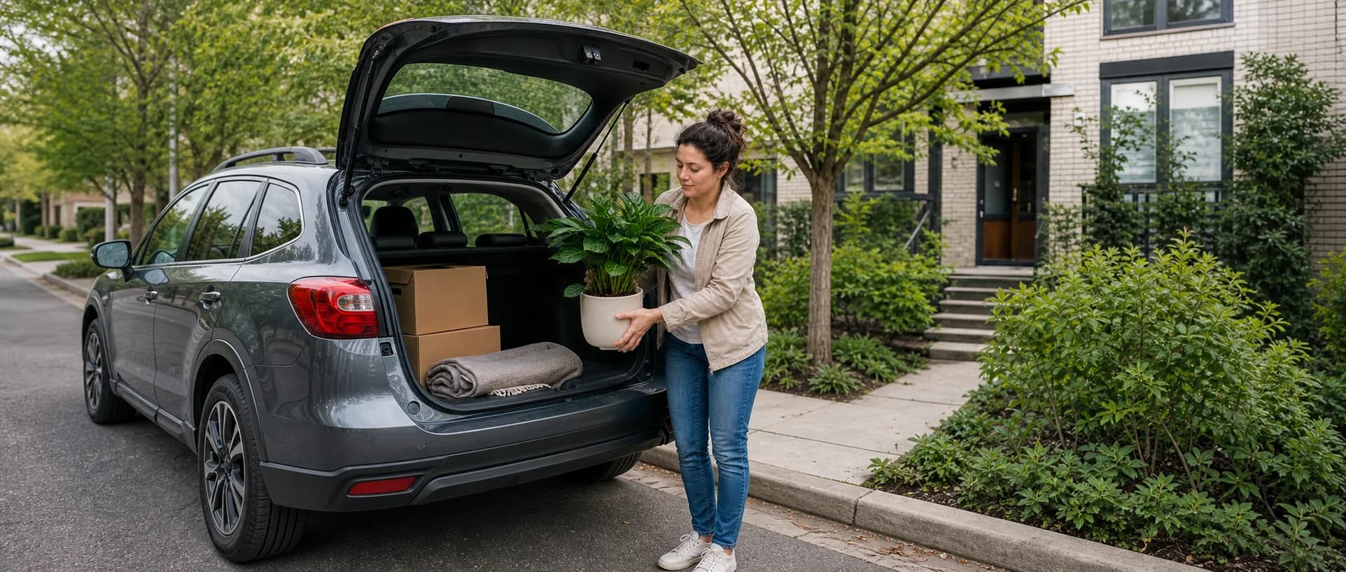 Femme déchargeant une plante et des boîtes d’une voiture devant une maison
