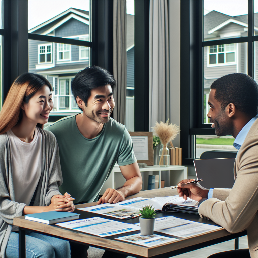 Couple consultant sur des prêts SCHL dans un bureau moderne.