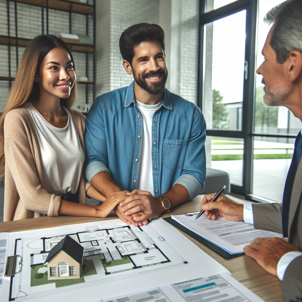 Couple consultant un plan de maison pour acheter une maison sans mise de fonds avec un conseiller.